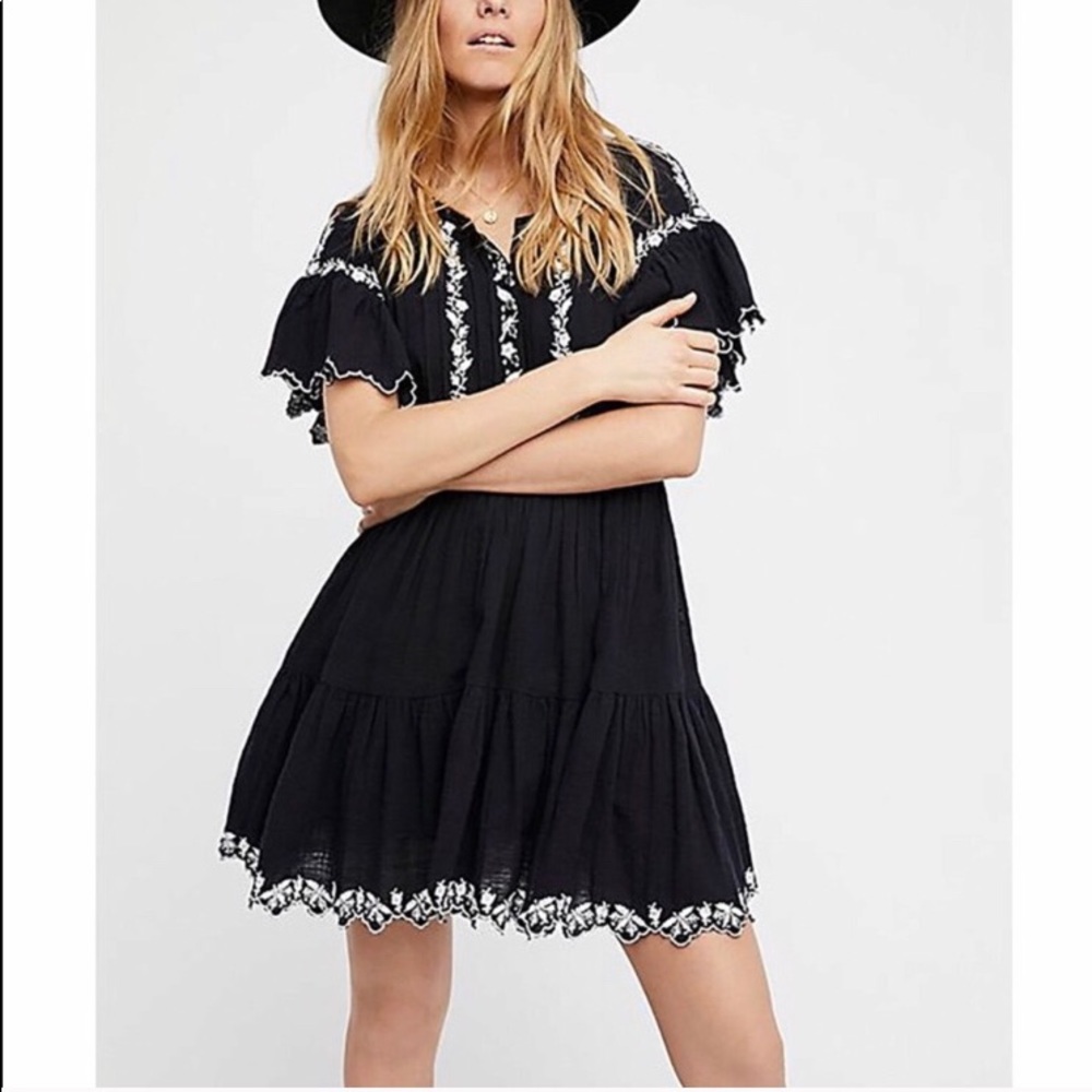 Free People Black Mini Dress with White Embroidered Trim - Picture 4 of 8